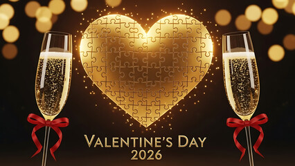 Two elegant champagne glasses with red bows flank a glowing golden heart puzzle, centered above "Valentine's Day 2026" text against a warm, festive bokeh light background.