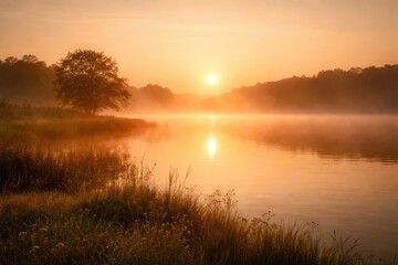A beautiful sunset over a lake with a few rocks in the water