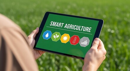 Tablet displaying smart agriculture icons in a field