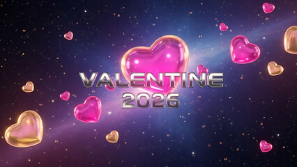 The bold silver text "VALENTINE 2026" is surrounded by numerous glowing pink and golden hearts, gracefully floating through a cosmic galaxy background with shimmering stars and nebulae.
