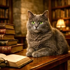 A cat is sitting on a desk with a stack of books in front of it