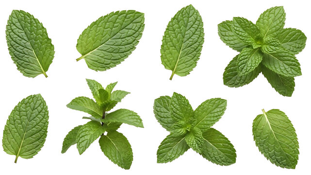 Fresh aromatic peppermint and spearmint plant branches with green mint leaves isolated on a white background provide a healthy herbal spice ingredient full of menthol freshness for food or medicine