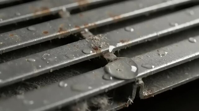 Closeup of water dripping onto a metal grate showing rust and moisture.