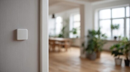Fototapeta premium White light switch on a white wall in a room with large windows. the room appears to be empty, with a wooden floor and a dining table visible in the background.