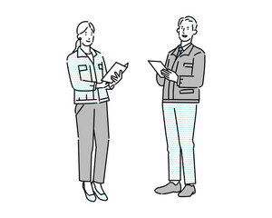 作業服を着た男女がファイルを手に持って立つ姿ー工業系ー倉庫系ー運送系のビジネスイラスト素材