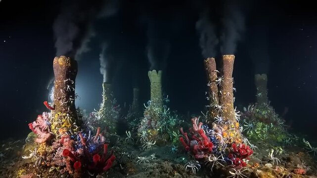 Deep Sea Hydrothermal Vents Ecosystem With Unique Life Forms.