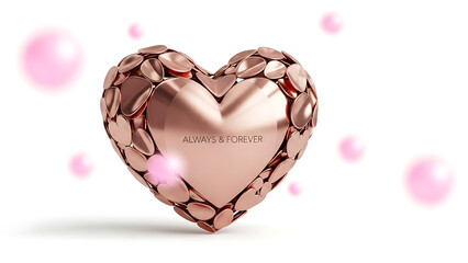 A sleek rose gold metallic heart, featuring the engraved text 'ALWAYS & FOREVER,' stands dynamically on a white surface, surrounded by soft pink bokeh spheres.