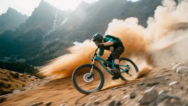 Rider leans sharply into turn on steep dusty slope leaving cloud behind capturing intense downhill racing competition and thrilling extreme sports performance