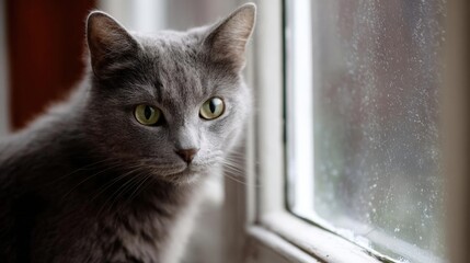 Close-up of a gray cat sitting on a windowsill. the cat is looking out the window with a curious expression on its face. its eyes are wide and alert, and its fur is soft and fluffy.