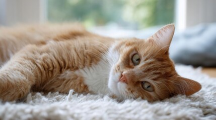 Close-up of an orange tabby cat lying on a white fluffy rug. the cat is lying on its side with its head resting on its front paws and its body stretched out in front of it.