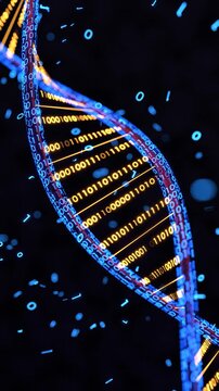 Futuristic DNA helix made of digital elements and streaming binary code. 3D Render