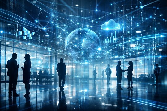 Futuristic Digital Workplace with Cloud Computing, Global Network, and AI Data Flow in Smart Business Environment