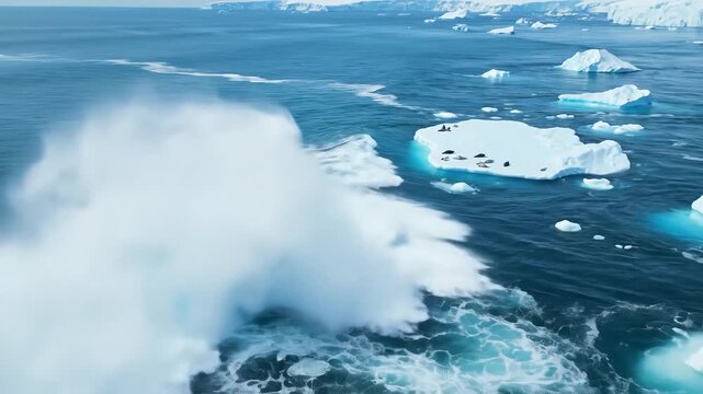 Massive Iceberg Calving Event in Arctic Waters, Creating Large Waves and Disrupting the Ocean Surface.