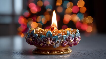 An exquisitely illuminated diya situated amidst a backdrop of vibrant bokeh lights