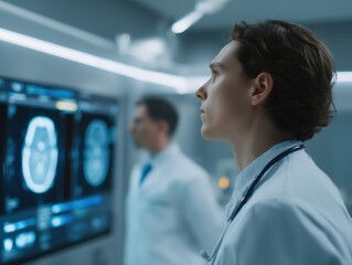 Medical professionals analyzing brain scan images on large monitors, collaborating on diagnostic imaging, researching neurological conditions, advancing healthcare technology development