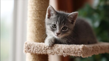 Close-up of a small gray kitten sitting on top of a beige cat tree. the kitten is looking directly at the camera with a curious expression.