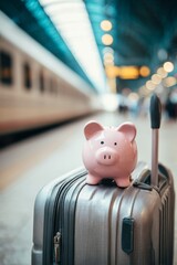 Pink piggy bank sitting on a suitcase at the train station, travel savings and budget trip planning concept