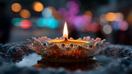 An exquisitely illuminated diya situated amidst a backdrop of vibrant bokeh lights