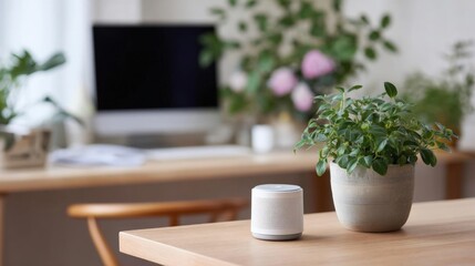 Wooden table with a small potted plant on it. next to the plant, there is a white smart speaker. the background is blurred, but it appears to be a living room with a computer monitor and other plants.