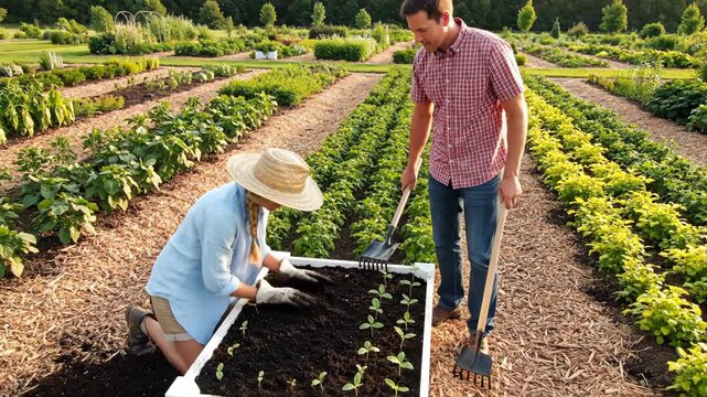 People gardening in raised bed