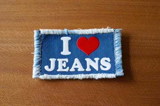 I LOVE JEANS text on Destroyed torn denim blue jeans frayed flap patch fabric on wooden background. - Powered by Adobe