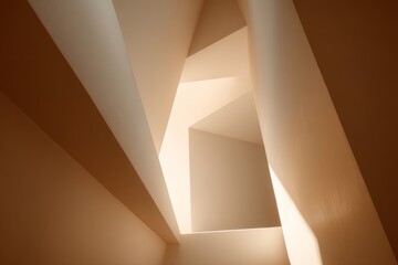 Minimalist architectural abstraction with geometric shapes and soft shadows, warm beige light on smooth walls