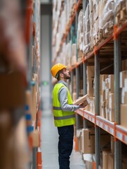 Warehouse worker wearing hard hat and safety vest checking stock, carefully inspecting package on high shelf, managing logistics and inventory in supply chain distribution center