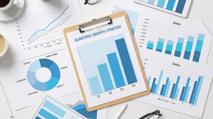 Business data analysis and quarterly growth strategy on office desk with charts and graphs