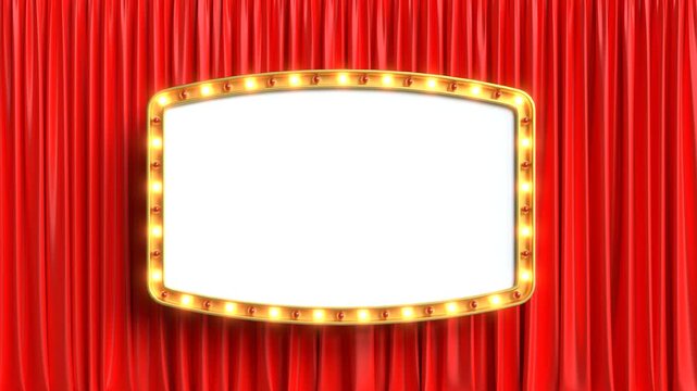 Marquee sign with warm lights placed on a red curtain backdrop for personalized wording. 3D Render