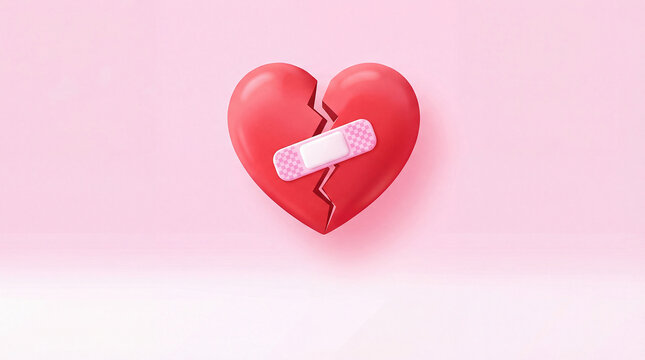 Broken heart with band aid on pink background representing love hurt and heartbreak in relationships