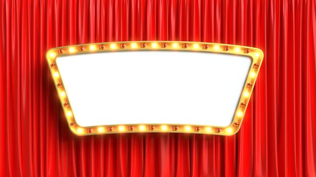 Retro marquee sign with radiant bulbs, showcased on a red curtain stage background. 3D Render