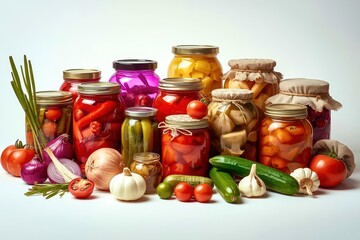 A collection of jars filled with various vegetables and fruits