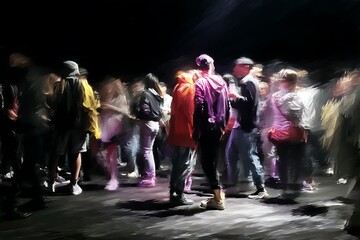 An indistinct image capturing a gathering of people grooving in low light, generative AI image.