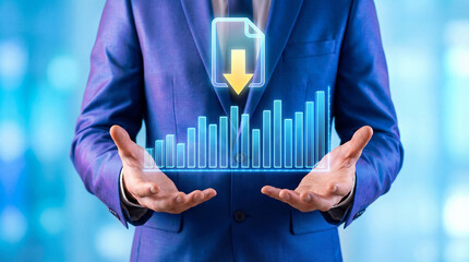 Businessman in blue suit holding digital graph and document icon with downward arrow trend