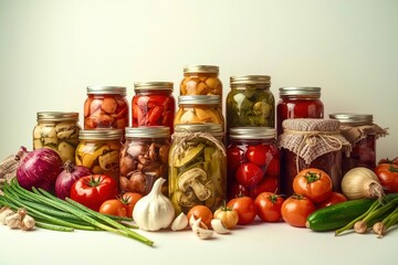 A collection of jars filled with various vegetables and fruits
