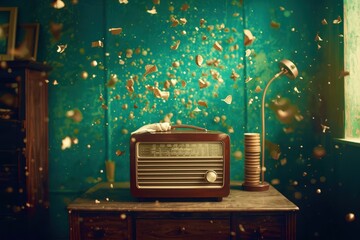 A radio is on a table with a pile of crumbs around it