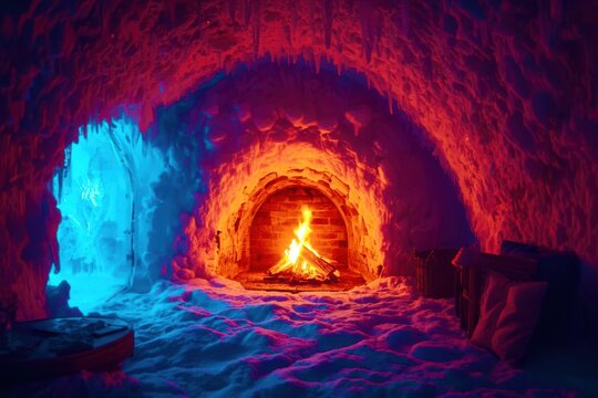 A small fire is burning in the middle of a cave - Powered by Adobe