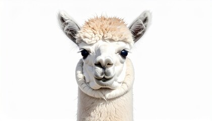 Fototapeta premium A close-up of a cream-colored alpaca facing forward, fluffy textured coat and upright ears, set against a plain white background, highlighting symmetry, softness, and gentle animal expression.