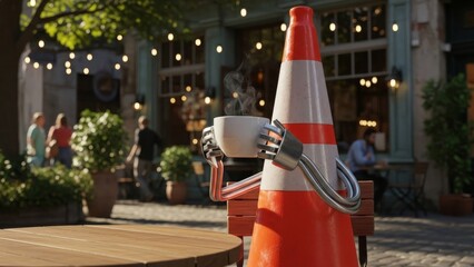 An orangewhite traffic cone with metal arms enjoys a steaming white mug outdoors at a cafe with lights plants  people in the backdrop