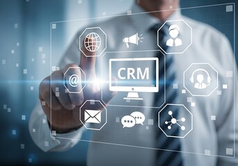Man touching CRM interface with customer service icons