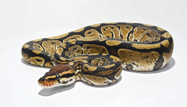A coiled ball python with dark brown, black, and tan blotched scales rests on a white surface, head slightly raised and facing forward, showcasing texture, symmetry, and exotic reptilian elegance.