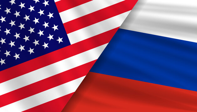 USA and Russia flags divided by a deep crack. Concept of geopolitical conflict, Cold War, diplomatic crisis, and international tension between two superpowers with a waving fabric texture.