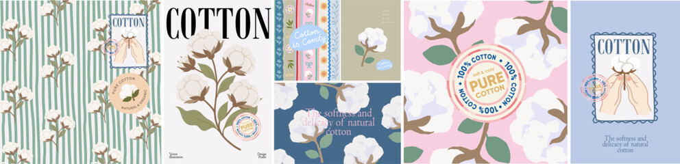 Cotton. Vector natural organic illustration of a soft floral pattern, cotton bolls, hands holding a flower, stamp for textile design, poster, label, packaging, tag, card, or background