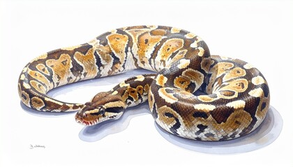 A coiled ball python with dark brown, black, and tan blotched scales rests on a white surface, head slightly raised and facing forward, showcasing texture, symmetry, and exotic reptilian elegance.