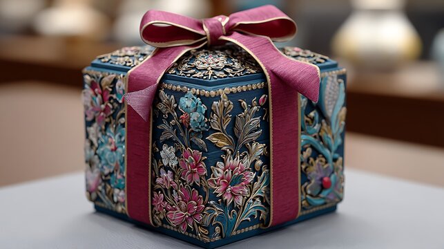 An intricately designed gift box wrapped in rich, patterned paper exuding opulence. - Powered by Adobe