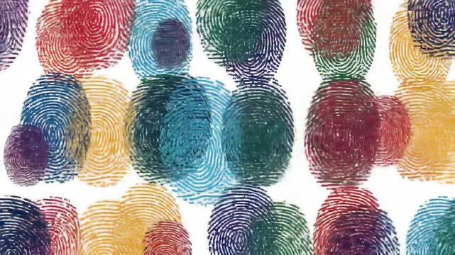 Colorful fingerprint pattern on white background, representing individuality, diversity, and unique identity.