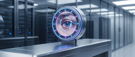 Futuristic iris recognition device in a secure data center, representing biometric cybersecurity, identity verification, and digital trust technologies.