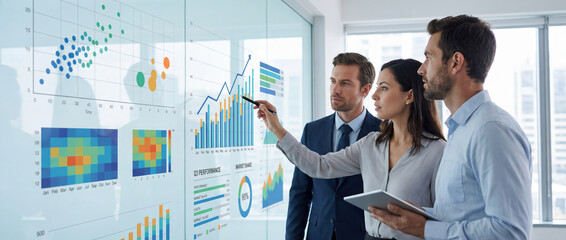 Modern female executive leads a data-driven business meeting, confidently analyzing charts and performance metrics on a digital screen.