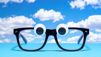 A pair of black-rimmed eyeglasses with large stylized eyeballs in the lenses, set against a bright blue sky with fluffy clouds, creating a surreal, whimsical, and playful visual composition.