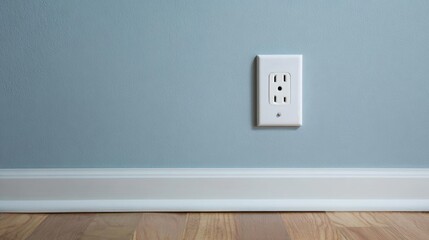 Light blue wall with a white electrical outlet on it. the outlet is rectangular in shape and has two sockets on the right side.